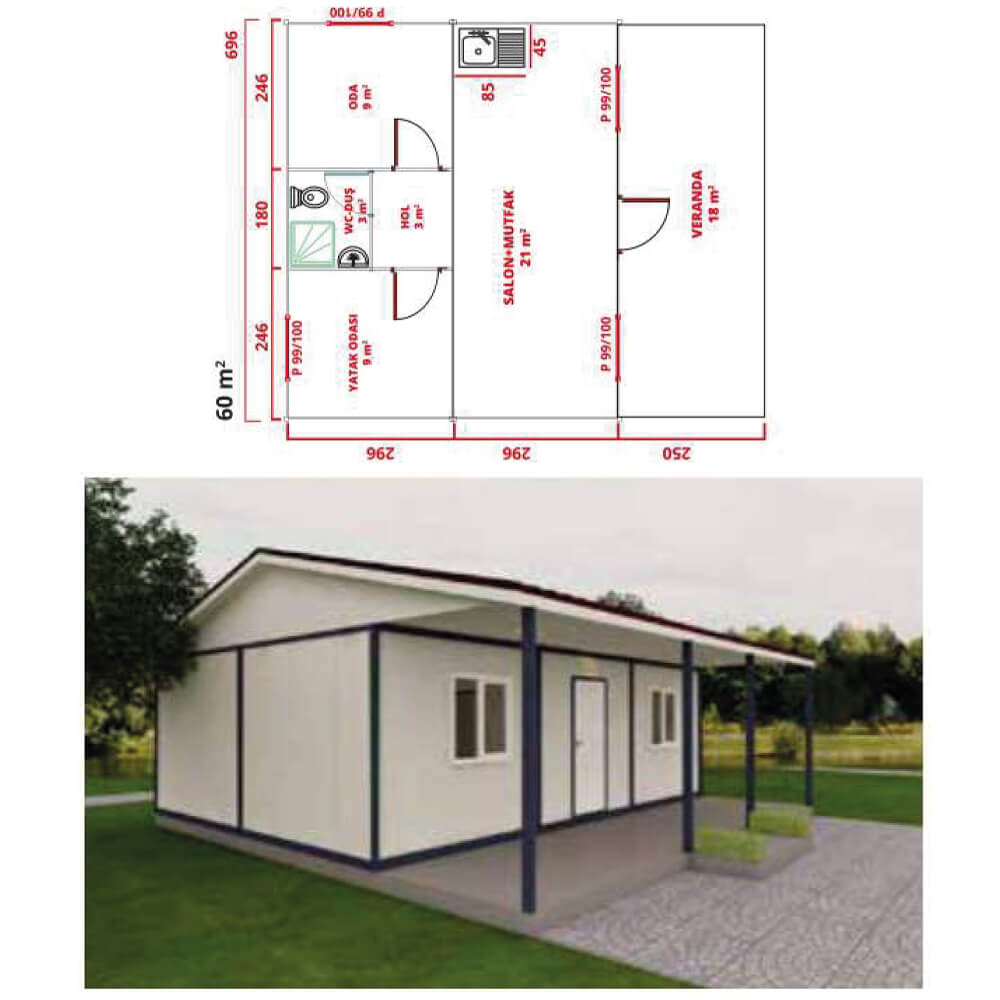 ANKA 704 60m2 Verandalı Konteyner Kabin